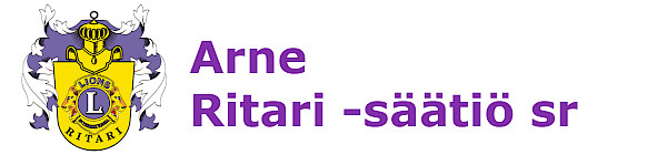 Sininen ja violetti teksti “Arne Ritar i-säätiö sr” sekä kultainen vaakuna, jossa on LITARI-kirjaimet.